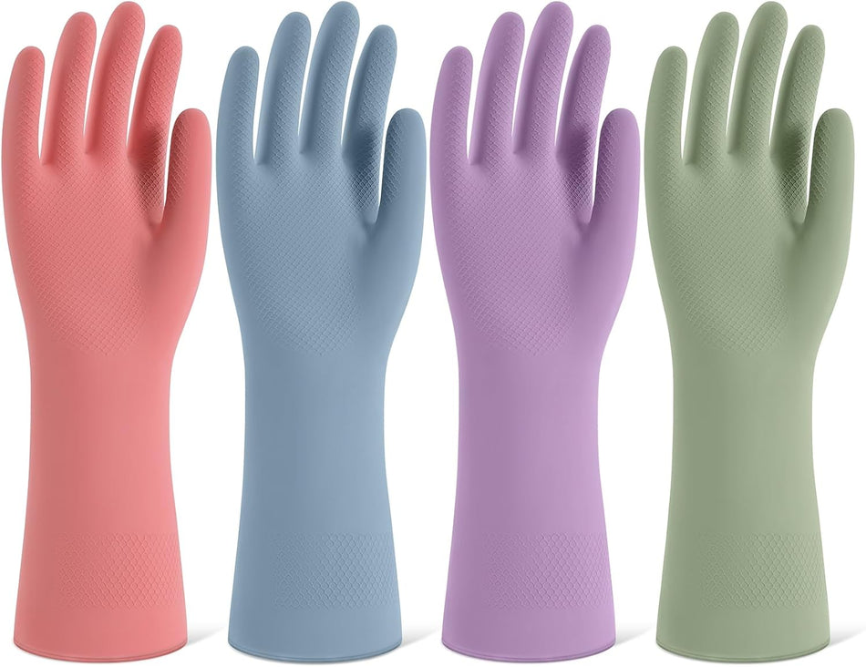 Rubber Cleaning Gloves for Dishwashing, 4 Pairs Reusable Kitchen Gloves for Washing Dishes and Household Cleaning, Colorful Dish Gloves with Flocked Lining and Non-Slip Grip, Pefect for Woman Men - M